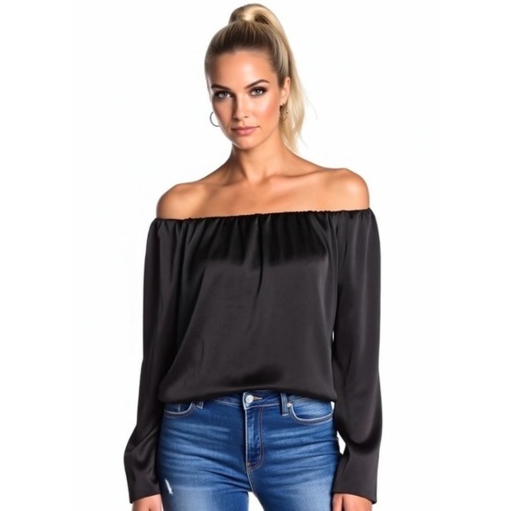 Lush Black Satin Off The Shoulder Long Sleeve‎ Blouse Top Evening Wear